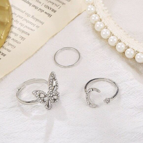 Silver Alloy Plated Fashion Rhinestone Butterfly Moon Star Ring Trio - Picture 3 of 8